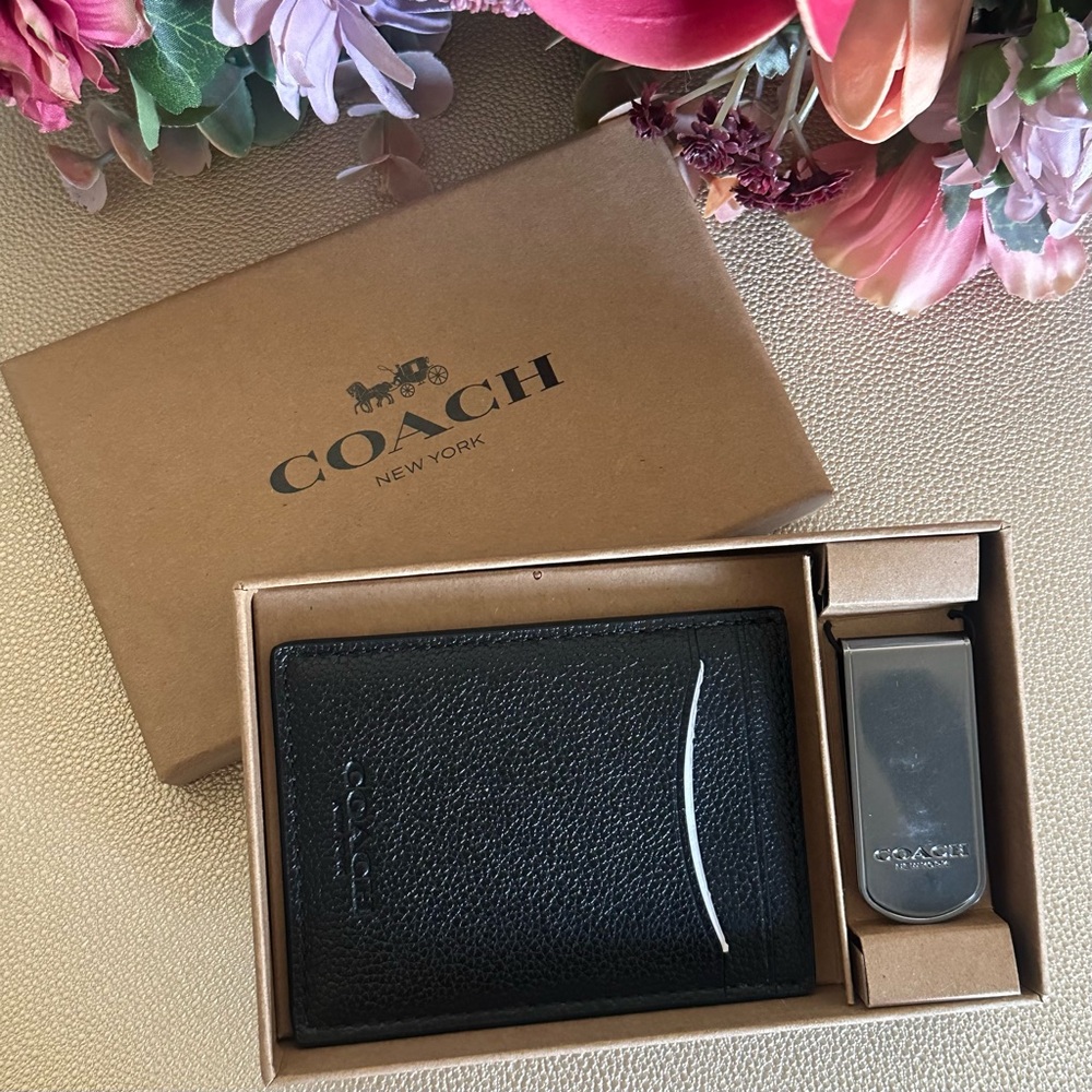 NWT Coach 3-in-1 Black Leather Wallet & Money Clip Set